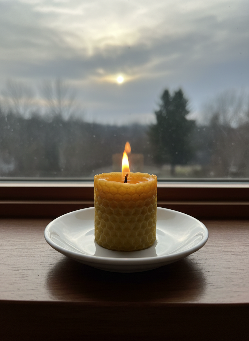 A small, lit beeswax candle with a slightly uneven edge and visible texture stands at the center of a simple white ceramic saucer, placed on a dark walnut windowsill. Outside the window, an overcast sky begins to break, revealing a hint of soft golden light touching the silhouettes of distant trees, all subtly blurred. The candle’s flame casts a warm halo and gentle reflections on the glass, contrasting with the cool natural light beyond. Photographic realism with a centered composition and shallow depth of field creates a serene, contemplative mood, evoking the sense of steady hope, prayer, and the quiet assurance of Heaven in the midst of grief.