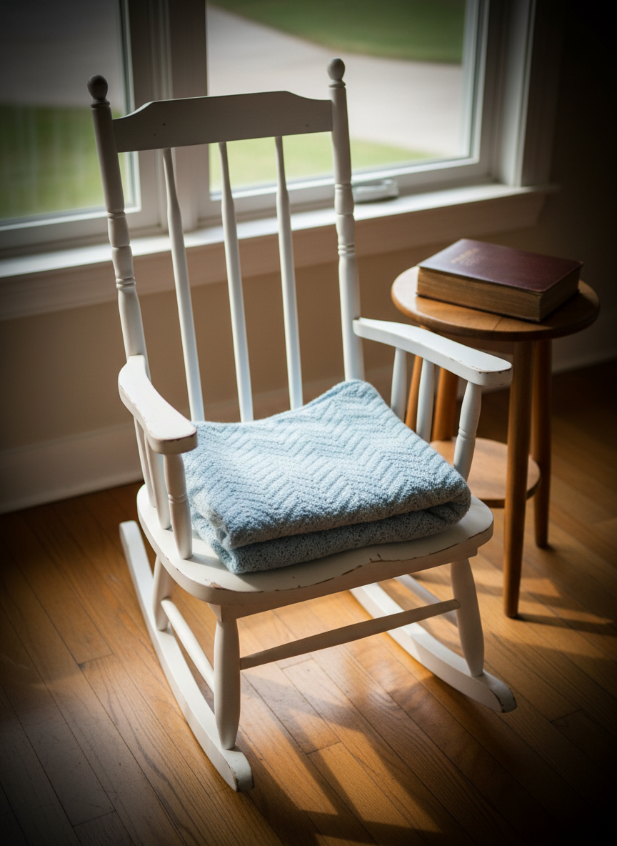 A neatly folded, pale blue knitted baby blanket with a delicate chevron pattern lies atop a vintage white rocking chair, its paint softly distressed along the curved arms. The chair is positioned on honey-toned wooden floorboards beside a bright window, where late afternoon sunlight spills through, creating elongated, gentle shadows. On a nearby side table sits a closed leather-bound Bible, its gilded page edges catching the light. Photographic realism, captured from a slightly elevated angle with a subtle vignette, emphasizes the texture of the blanket and the stillness of the room. The mood is tender, bittersweet, and sophisticated, expressing both aching absence and the quiet possibility of future joy.