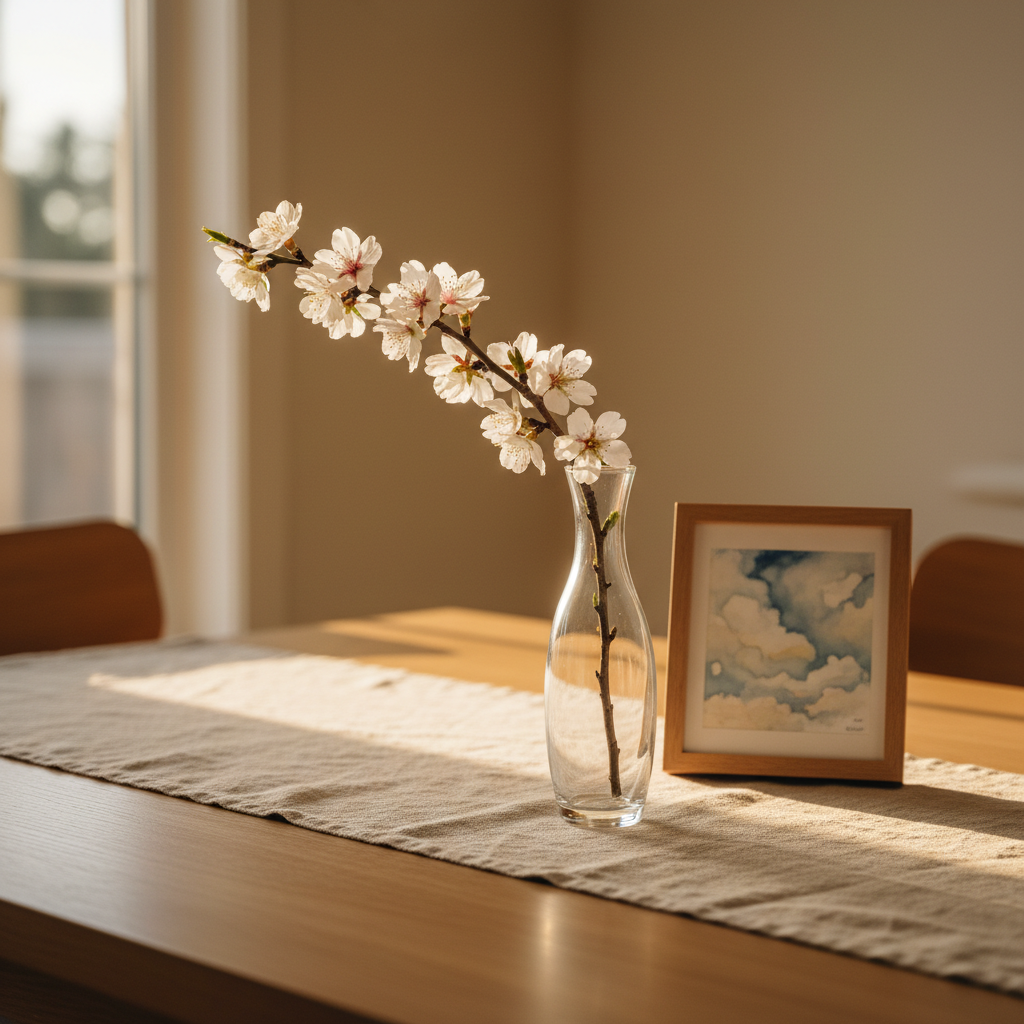 A slender glass vase holds a single branch of white blossoms, some petals fully open and others still in tight buds, arranged on a simple linen runner over a light oak dining table. A small, framed watercolor of a soft, cloud-filled sky leans against the wall behind, its blues and creams harmonizing with the scene. Early evening light enters from the side, creating gentle, elongated shadows and a calm glow along the blossoms’ edges. Photographic realism, composed using the rule of thirds with a shallow depth of field, keeps the blossoms in sharp focus while the background softens. The atmosphere feels quietly celebratory and reverent, symbolizing new joy carefully nurtured in a home marked by loss.